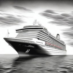 An exquisite black and white pencil drawing depicts a grand cruise ship