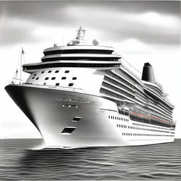 An exquisite black and white pencil drawing depicts a grand cruise ship