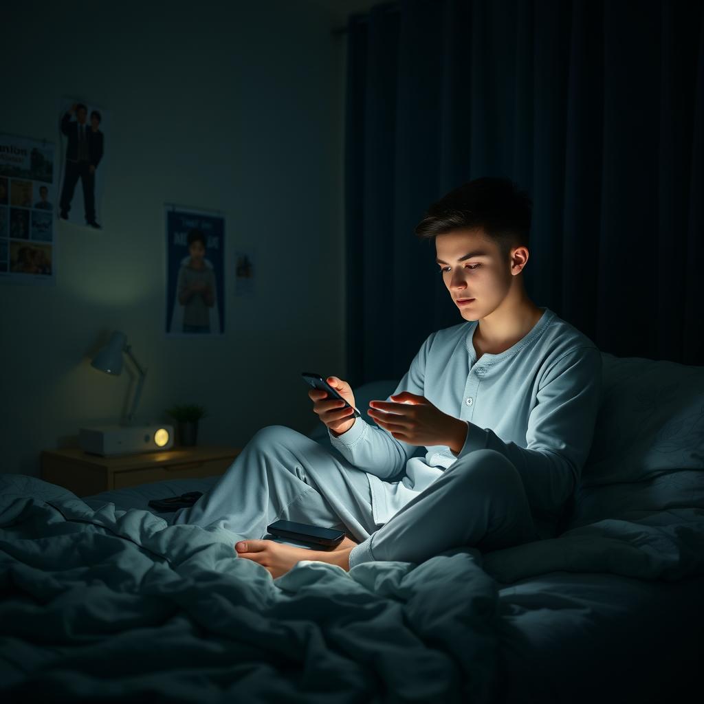 An 18-year-old young man sitting on his bed in a dimly lit room at night, absorbed in watching something on his mobile phone