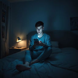 An 18-year-old young man sitting on his bed in a dimly lit room at night, absorbed in watching something on his mobile phone