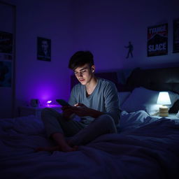 An 18-year-old young man sitting on his bed in a dimly lit room at night, absorbed in watching something on his mobile phone