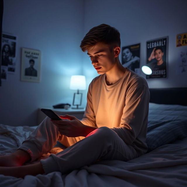 An 18-year-old young man sitting on his bed in a dimly lit room at night, absorbed in watching something on his mobile phone