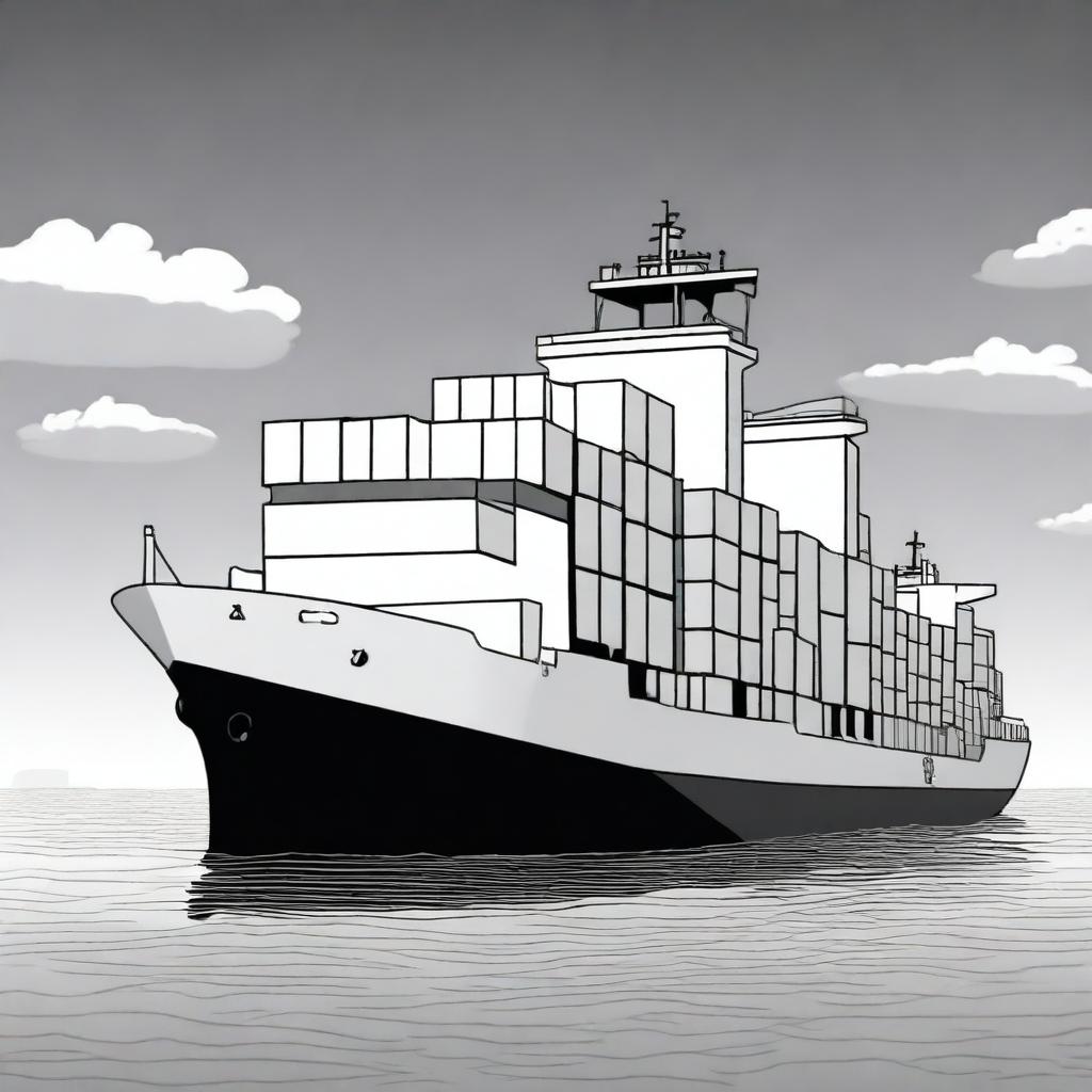 A high-quality black and white cartoon illustration depicts a large cargo ship