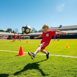 A young boy energetically playing football on a vibrant green field, wearing a bright red jersey with number 10 and matching shorts, clearly focused on kicking the ball that is flying towards the goal