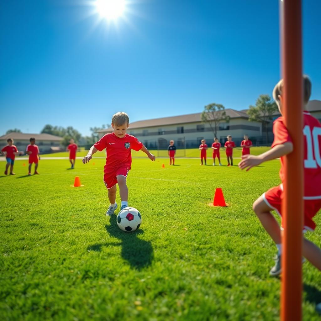 A young boy energetically playing football on a vibrant green field, wearing a bright red jersey with number 10 and matching shorts, clearly focused on kicking the ball that is flying towards the goal