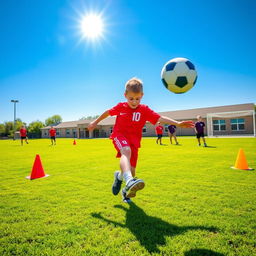 A young boy energetically playing football on a vibrant green field, wearing a bright red jersey with number 10 and matching shorts, clearly focused on kicking the ball that is flying towards the goal