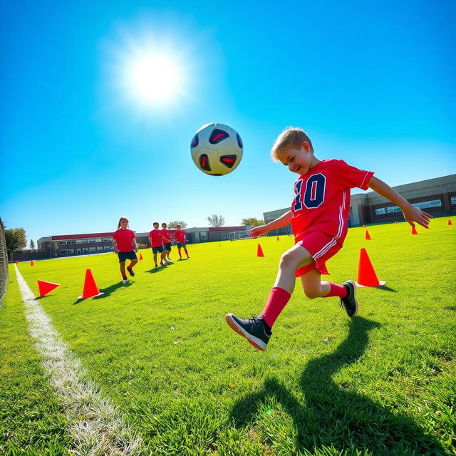 A young boy energetically playing football on a vibrant green field, wearing a bright red jersey with number 10 and matching shorts, clearly focused on kicking the ball that is flying towards the goal