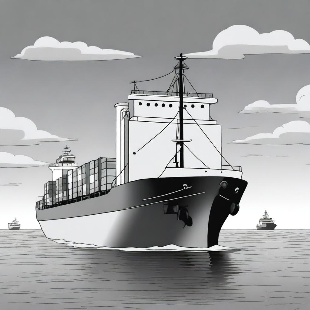 A high-quality black and white cartoon illustration depicts a large cargo ship