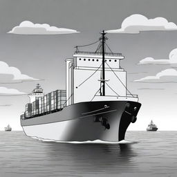 A high-quality black and white cartoon illustration depicts a large cargo ship