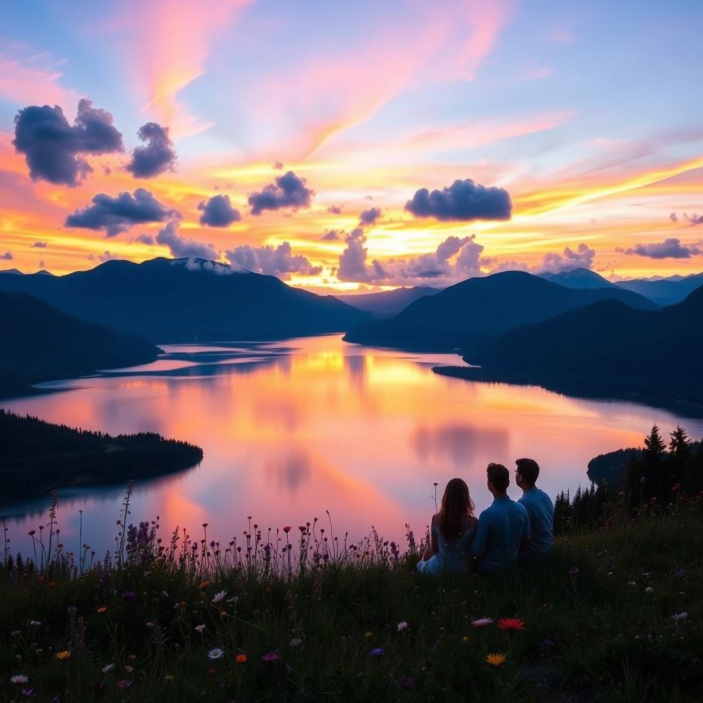 A serene landscape showing a breathtaking sunset over a calm lake surrounded by lush mountains