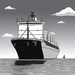 A high-quality black and white cartoon illustration depicts a large cargo ship