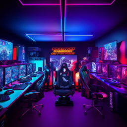 A high-tech gaming room featuring multiple monitors, advanced gaming PCs, latest gaming consoles, ergonomic chairs, RGB lighting and game-themed decorations.