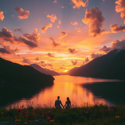 A serene landscape showing a breathtaking sunset over a calm lake surrounded by lush mountains