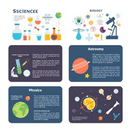 An educational science layout featuring various topics such as chemistry, biology, physics, and astronomy in a visually engaging format