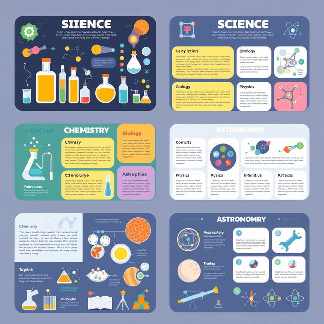 An educational science layout featuring various topics such as chemistry, biology, physics, and astronomy in a visually engaging format