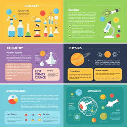 An educational science layout featuring various topics such as chemistry, biology, physics, and astronomy in a visually engaging format