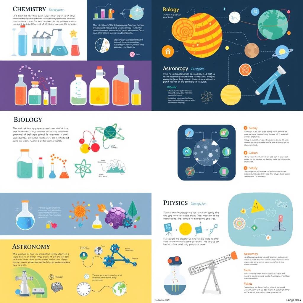 An educational science layout featuring various topics such as chemistry, biology, physics, and astronomy in a visually engaging format