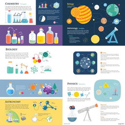 An educational science layout featuring various topics such as chemistry, biology, physics, and astronomy in a visually engaging format