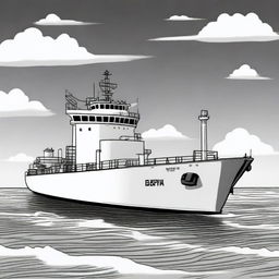 A high-quality black and white cartoon illustration depicts a large cargo ship