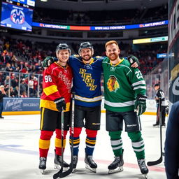 Three hockey players standing in a warm embrace on an ice rink, wearing colorful team jerseys and protective gear