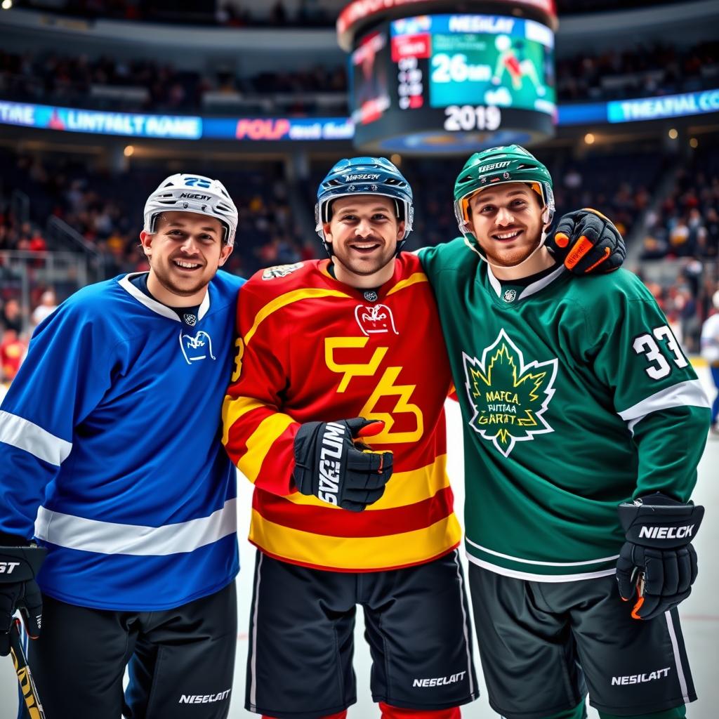Three hockey players standing in a warm embrace on an ice rink, wearing colorful team jerseys and protective gear