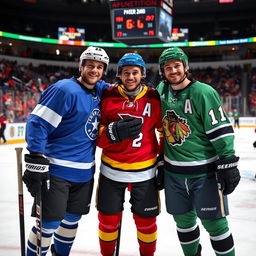 Three hockey players standing in a warm embrace on an ice rink, wearing colorful team jerseys and protective gear
