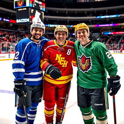 Three hockey players standing in a warm embrace on an ice rink, wearing colorful team jerseys and protective gear