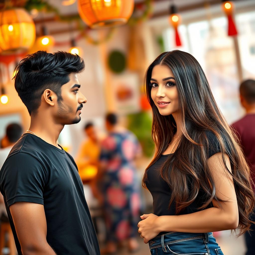 A handsome Indian boy trying to impress a beautiful Russian girl