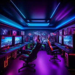 A high-tech gaming room featuring multiple monitors, advanced gaming PCs, latest gaming consoles, ergonomic chairs, RGB lighting and game-themed decorations.