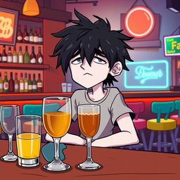 A cartoonish vector style illustration of a character named Doomer, a young adult male with white skin, looking disheveled and somewhat melancholic