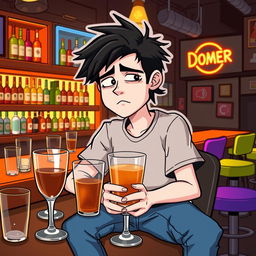 A cartoonish vector style illustration of a character named Doomer, a young adult male with white skin, looking disheveled and somewhat melancholic