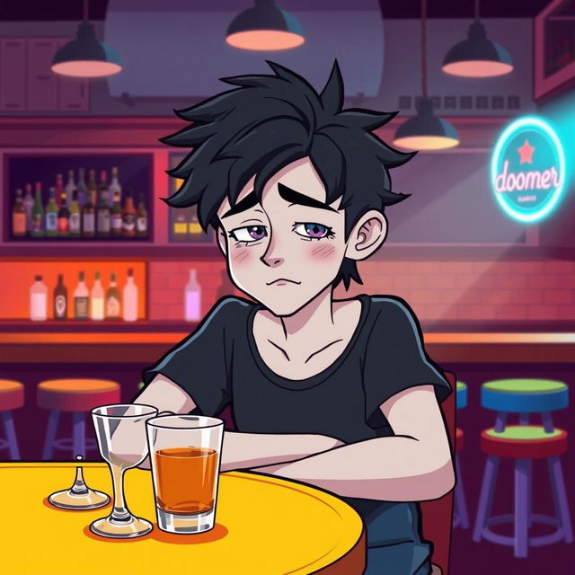 A cartoonish vector style illustration of a character named Doomer, a young adult male with white skin, looking disheveled and somewhat melancholic