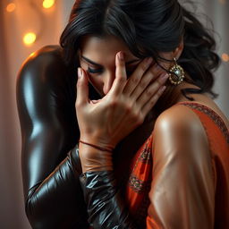 A seductive scene featuring a sexy woman dressed in form-fitting latex, her hands gently smothering another woman from behind