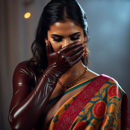 A seductive scene featuring a sexy woman dressed in form-fitting latex, her hands gently smothering another woman from behind