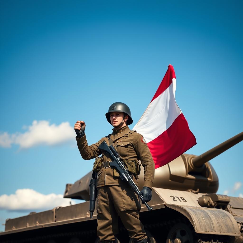 A Dutch soldier standing proudly in a military stance with a flag in hand, a tank is positioned behind him