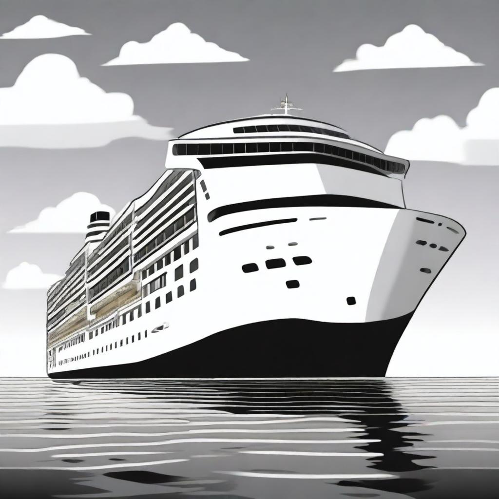 This is a polished black and white cartoon illustration showcasing a grand cruise ship