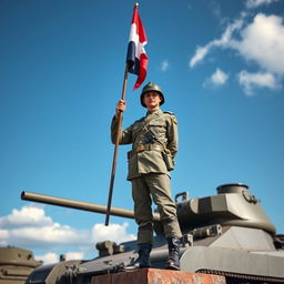A Dutch soldier standing proudly in a military stance with a flag in hand, a tank is positioned behind him