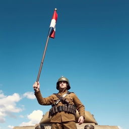 A Dutch soldier standing proudly in a military stance with a flag in hand, a tank is positioned behind him
