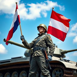 A Dutch soldier standing proudly in a military stance with a flag in hand, a tank is positioned behind him