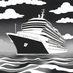 This is a polished black and white cartoon illustration showcasing a grand cruise ship