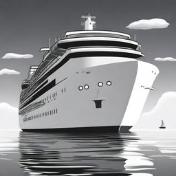 This is a polished black and white cartoon illustration showcasing a grand cruise ship