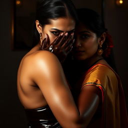 An alluring image of a sexy woman in form-fitting latex, her hands skillfully smothering another woman from behind