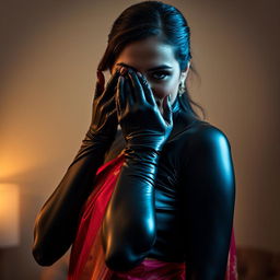 An alluring image of a sexy woman in form-fitting latex, her hands skillfully smothering another woman from behind