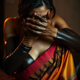 An alluring image of a sexy woman in form-fitting latex, her hands skillfully smothering another woman from behind