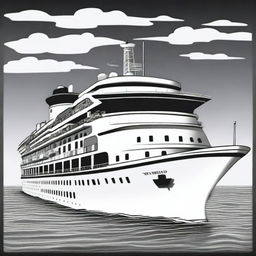 This is a polished black and white cartoon illustration showcasing a grand cruise ship