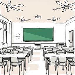 A detailed sketch of a classroom featuring 16 tables arranged neatly, each accompanied by two chairs for students