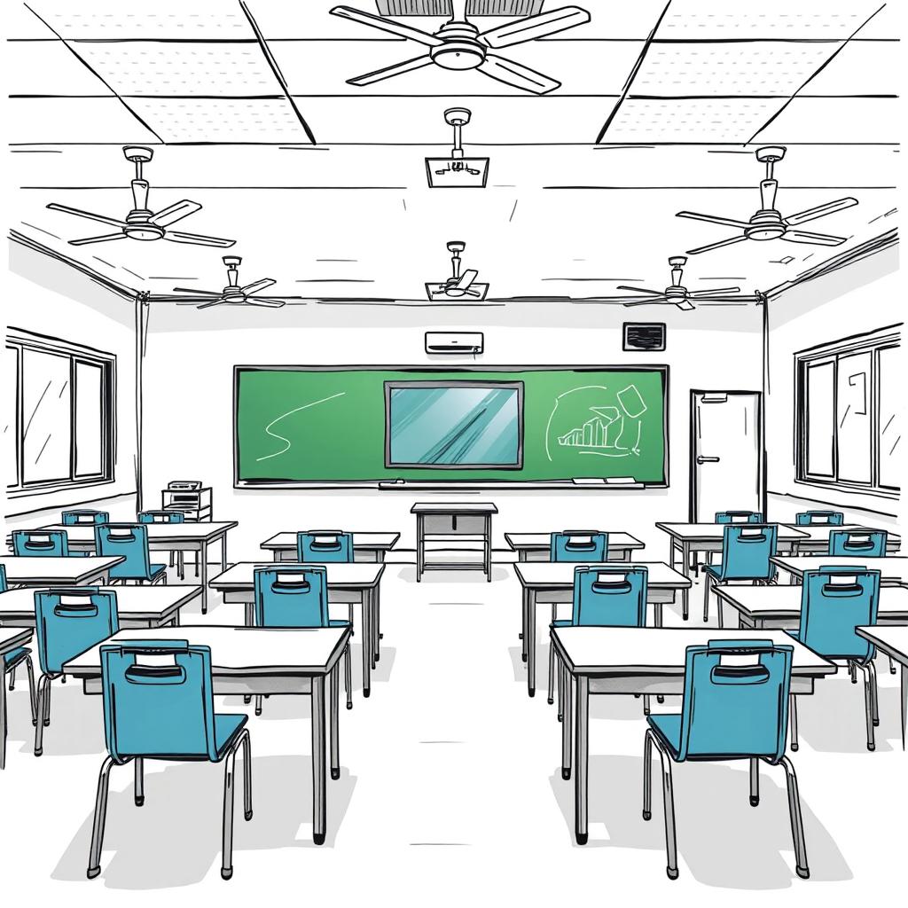 A detailed sketch of a classroom featuring 16 tables arranged neatly, each accompanied by two chairs for students