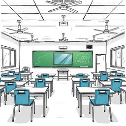 A detailed sketch of a classroom featuring 16 tables arranged neatly, each accompanied by two chairs for students