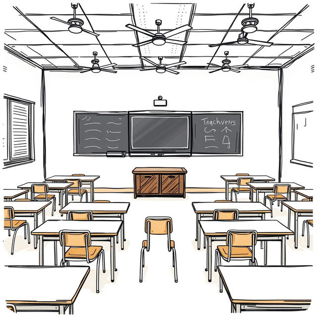 A detailed sketch of a classroom featuring 16 tables arranged neatly, each accompanied by two chairs for students