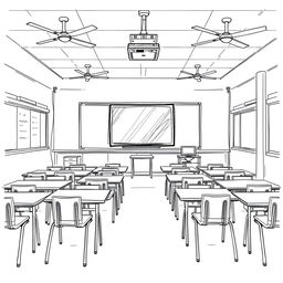 A detailed sketch of a classroom featuring 16 tables arranged neatly, each accompanied by two chairs for students